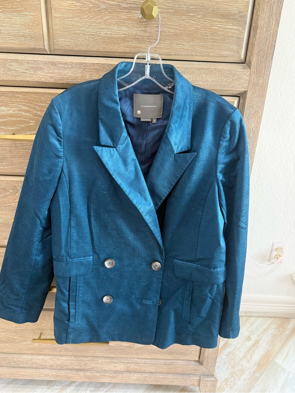 Anthropologie Teal Double-Breasted Velvet Blazer